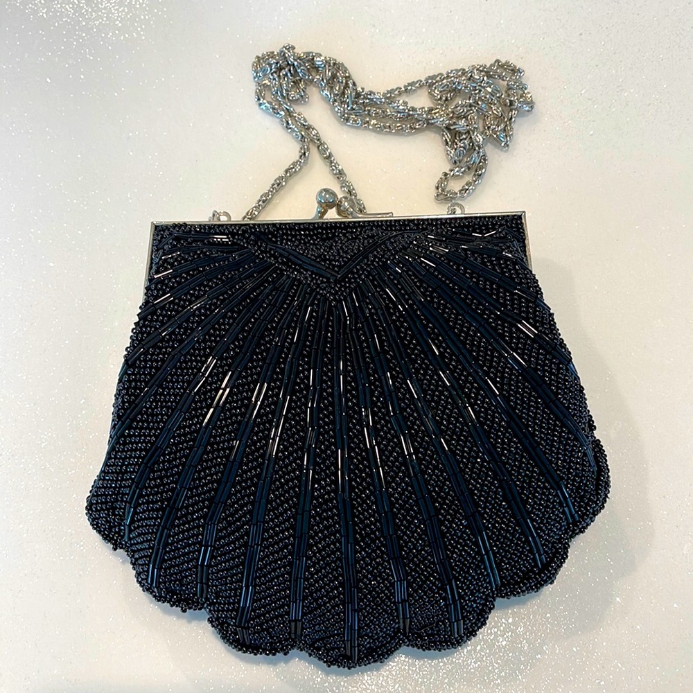 NWT Valerie Stevens evening beaded black clamshell bag Silvertone hardware